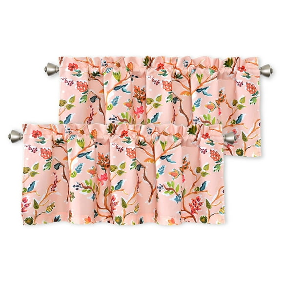 DriftAway Lauren Colorful Watercolor Tree Pattern Thermal Insulated Blackout Lined Rod Pocket Window Curtain Valance for Kitchen Café Living Room 52 Inch by 18 Inch Plus 2 Inch Header Blush 2 Pack