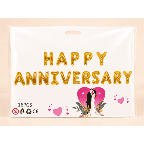 Happy Anniversary Gold Foil Balloon Banner | Romantic Anniversary Party Decoration | Couple Celebration Decor