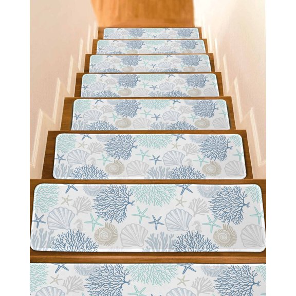 Stair Treads for Wooden Steps, Blue Aqua Grey Coastal Peel and Stick Stair Treads with Adhesive, Summer Beach Coral Shell Starfish Non Slip Indoor Stairs Runner Rugs Mats for Elders Dogs 8"x30"7PCS