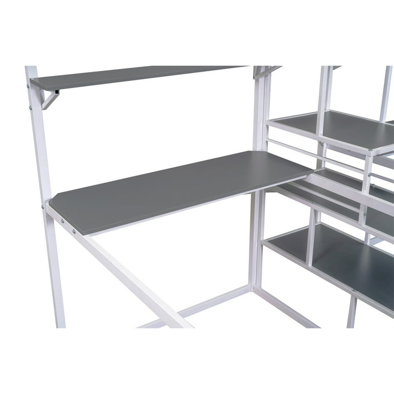 Double Twin Over Twin Metal Bunk Bed with Desk, Shelves and Storage Staircase - Black