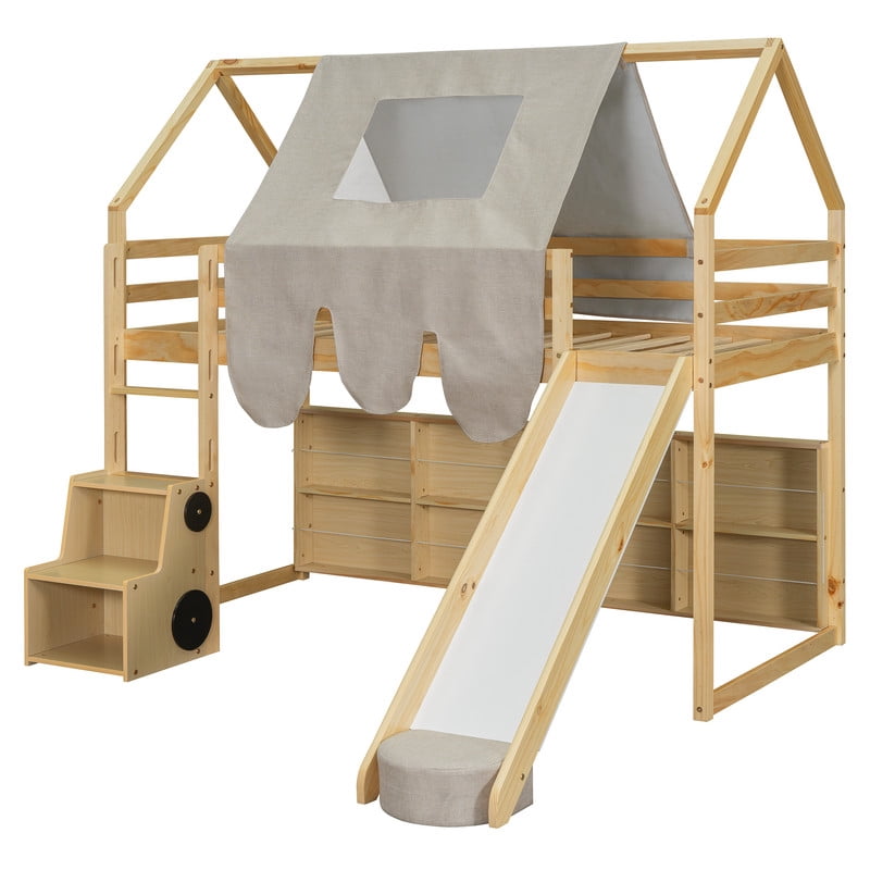 Twin Size Wooden Loft Bed with Slide and Ladder, House-Shaped Loft Bed Frame with Tent, Storage Shelves and Car-Shaped Storage Cabinet, Kids Playhouse Bed with Safety Handrails