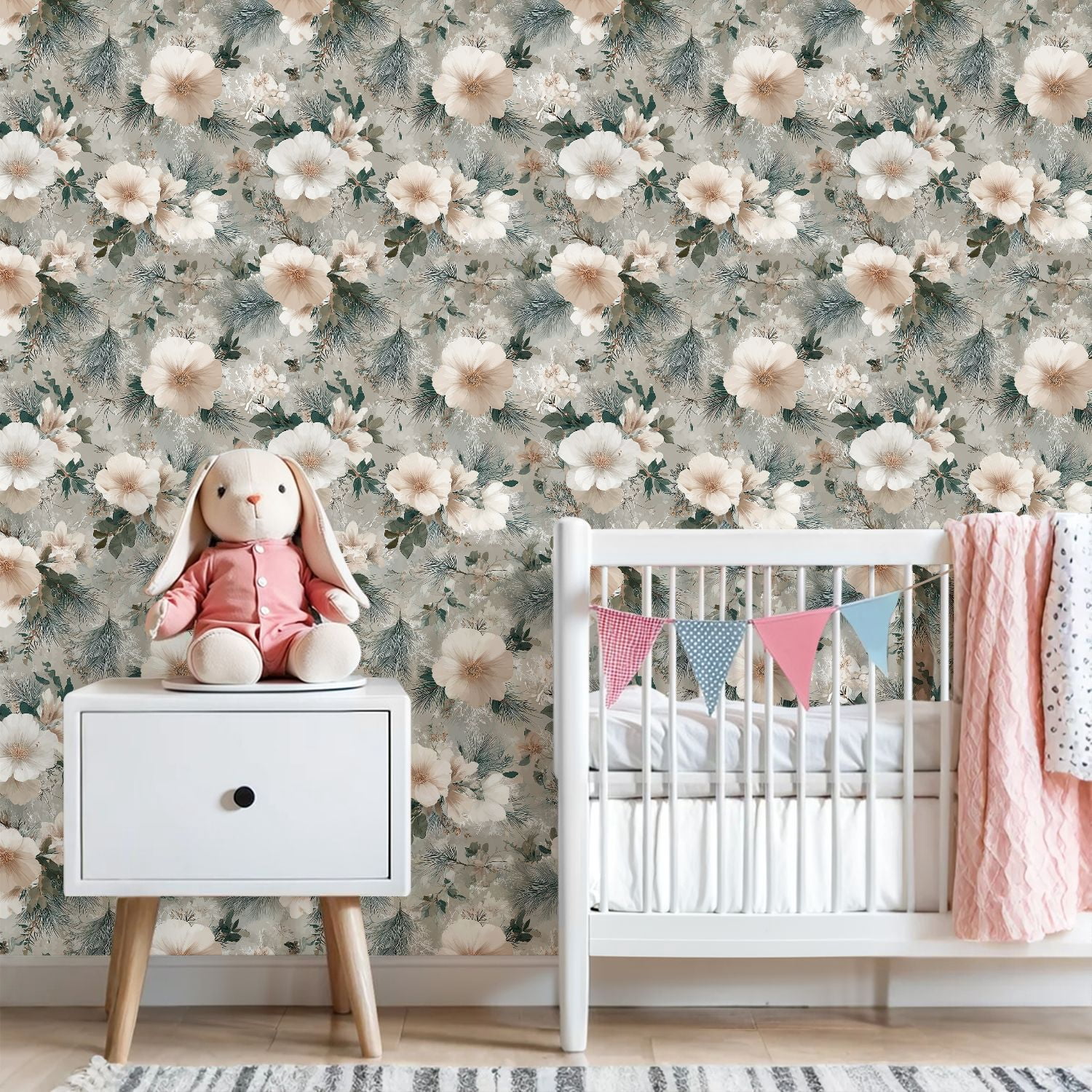 Peel and Stick Wallpaper Elegant Floral Soft Beige White Blooms Muted Green Wall Mural 23.6in x 9.8ft Self Adhesive Removable Wall Paper Renter Friendly Wallpaper for Bedroom