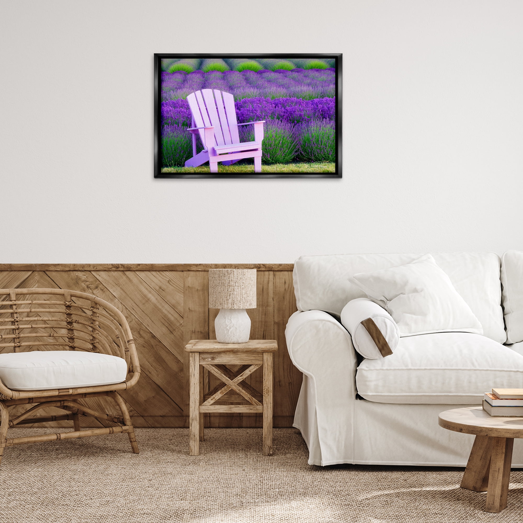 Stupell Industries Chair & Lavender Field Landscape & Nature Painting Black Floater Framed Canvas Art Print Wall Art, 31 x 21