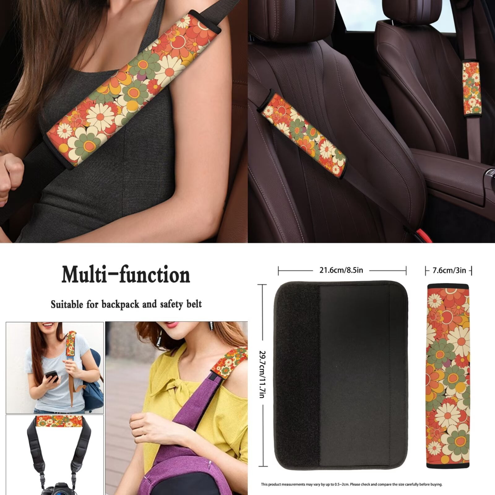 Jeiento 13 PCS Car Seat Cover Set with Steering Wheel Cover Seat Belt Strap Cover Armrest Cover Coaster Keychain Abstract Hippie Flower Automobile Interior Sets Decor Easy to Install