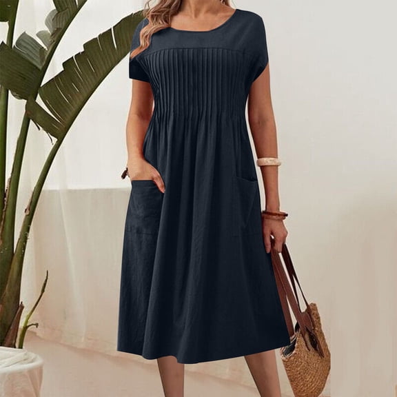 Drovellove 2026 Womens Summer Plus Size Dress Smock V Neck Short Sleeve Solid Color Summer Dress, Loose Pleated Empire Waist A-Line Pocket Casual Daily Beach Tunic Sundresses with Pockets