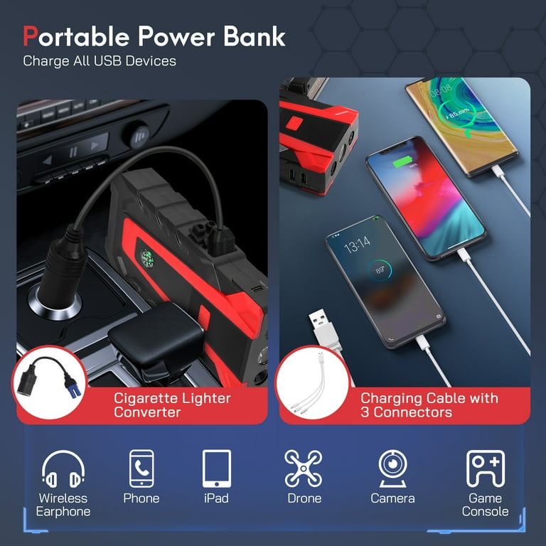car battery jump starter through cigarette lighter ALILYY Car Jump Starter, 4800A Peak, 25000mAh, 10.0L Gas or 8.0L Diesel,  LED Light