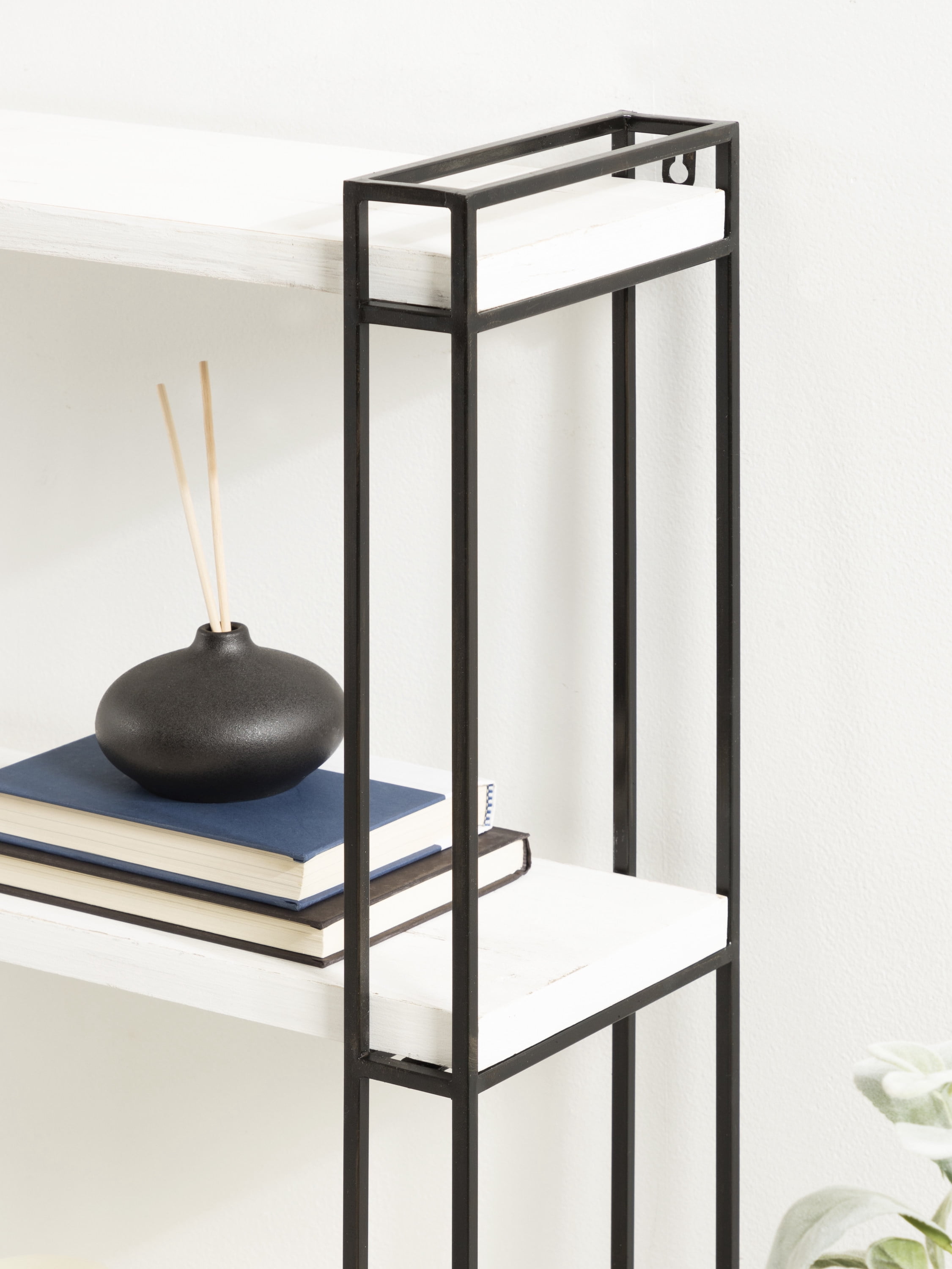 Kate and Laurel Lintz Modern Industrial Wood and Metal Floating Wall Shelves with Black Metal Frame, Rustic White