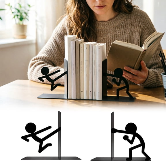 2Pcs Funny Stick Figure Bookends Metal Book Stoppers Heavy Duty Book Holders For Office Home(Black-15X19Cm)