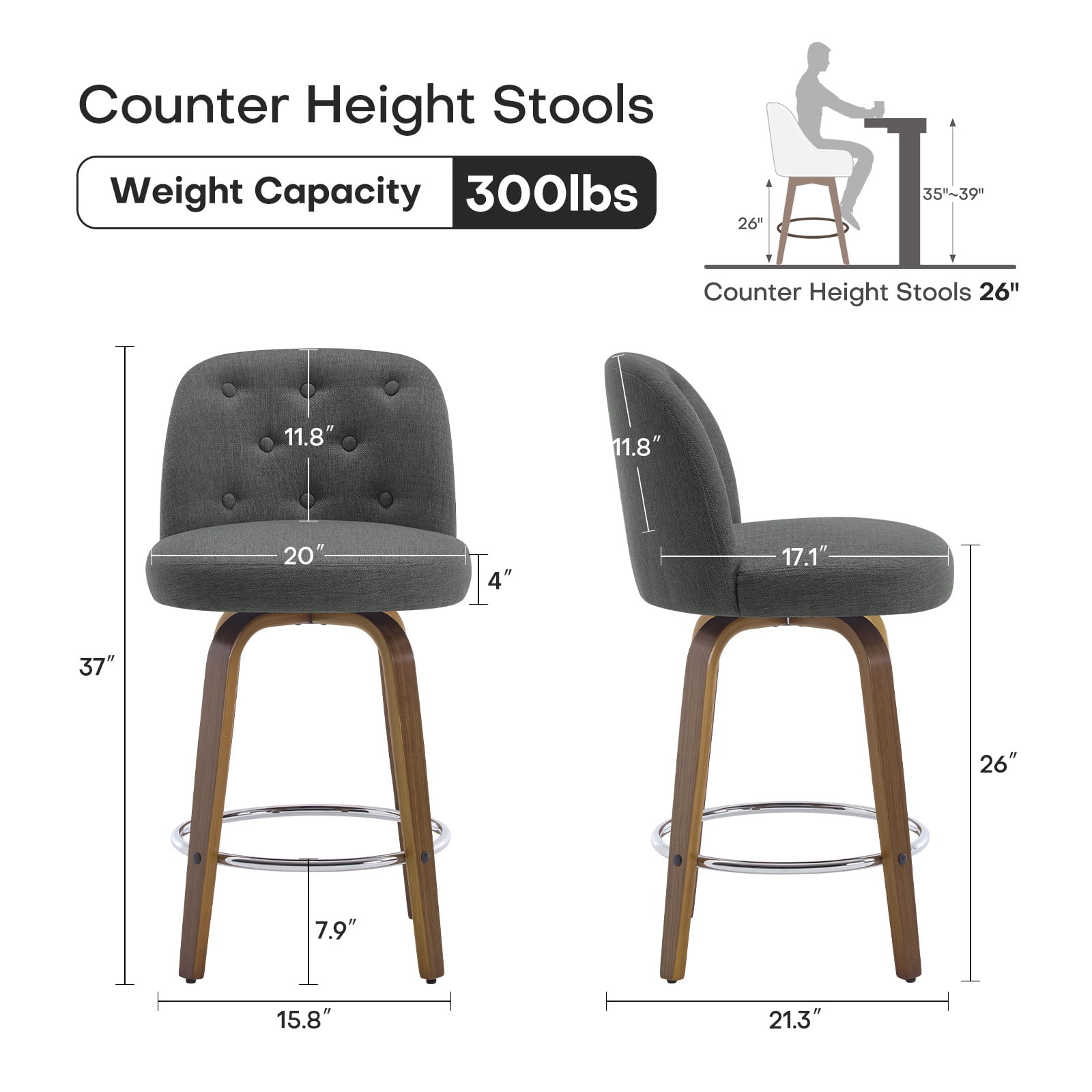 Foreate Swivel Bar Stools Set of 1, 26" Upholstered Linen Fabric with Button-tufted Mid-Back & Wood Legs, Modern Chair Kitchen Pub Island Counter Stool