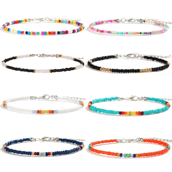 XIJIN 8Pcs Handmade Beaded Anklets for Women Boho Colorful Beads Ankle Bracelets Set