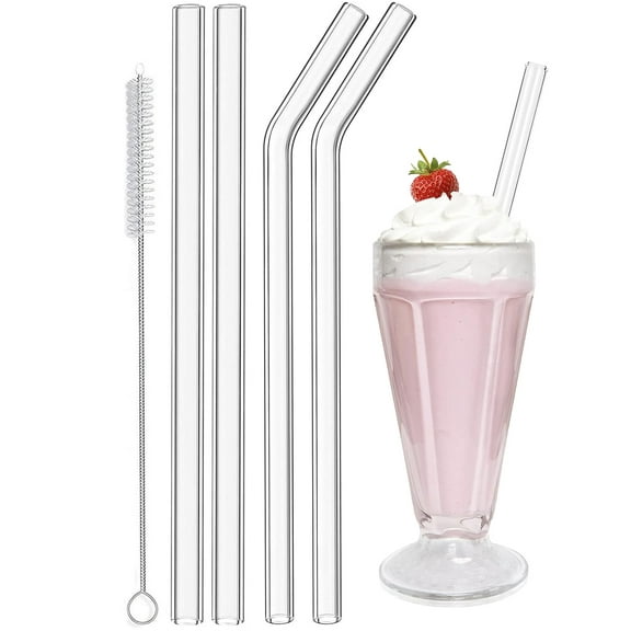 Reusable Glass Straws, 4-Pack 7.9'' x 8mm Clear Glass Drinking Straw with 1 Cleaning Brush for Smoothies, Milkshakes, Tea, Juice - Dishwasher Safe