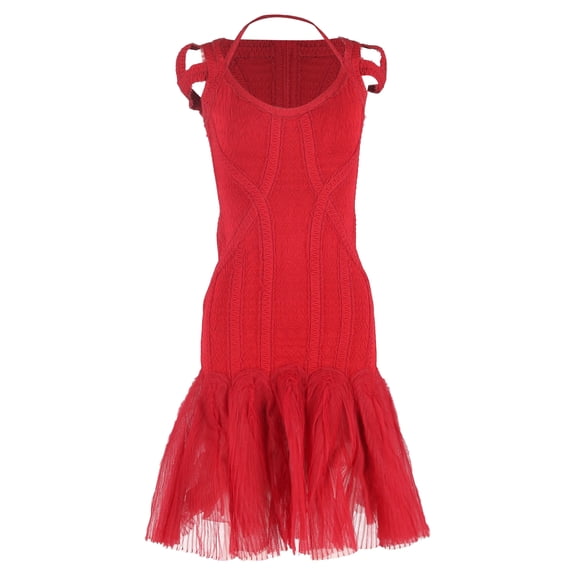 Pre-Owned Herve Leger Knitted Tulle Bandage Midi Dress in Red Viscose