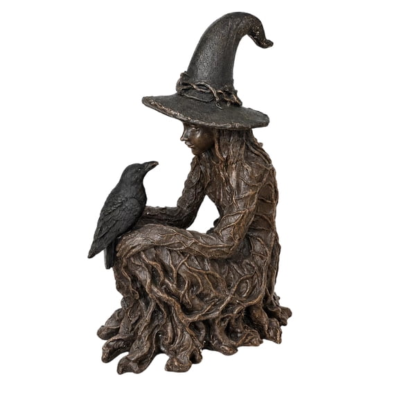 Halloween Witch with Crow Statue, Black Bronze Accent Resin Decor with Crow, Collectible Figurine for Spooky Halloween Party Indoor Home Tabletop Mantel Shelf Halloween Decorations, 5.9x7.8in