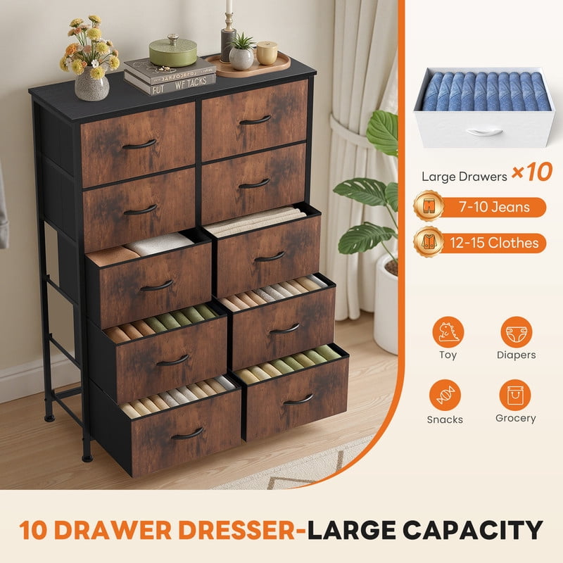 EDX Dresser for Bedroom with 10 Drawers, Tall Chest Organizer with Fabric Bins, Freestanding Storage Cabinet, Black-Brown