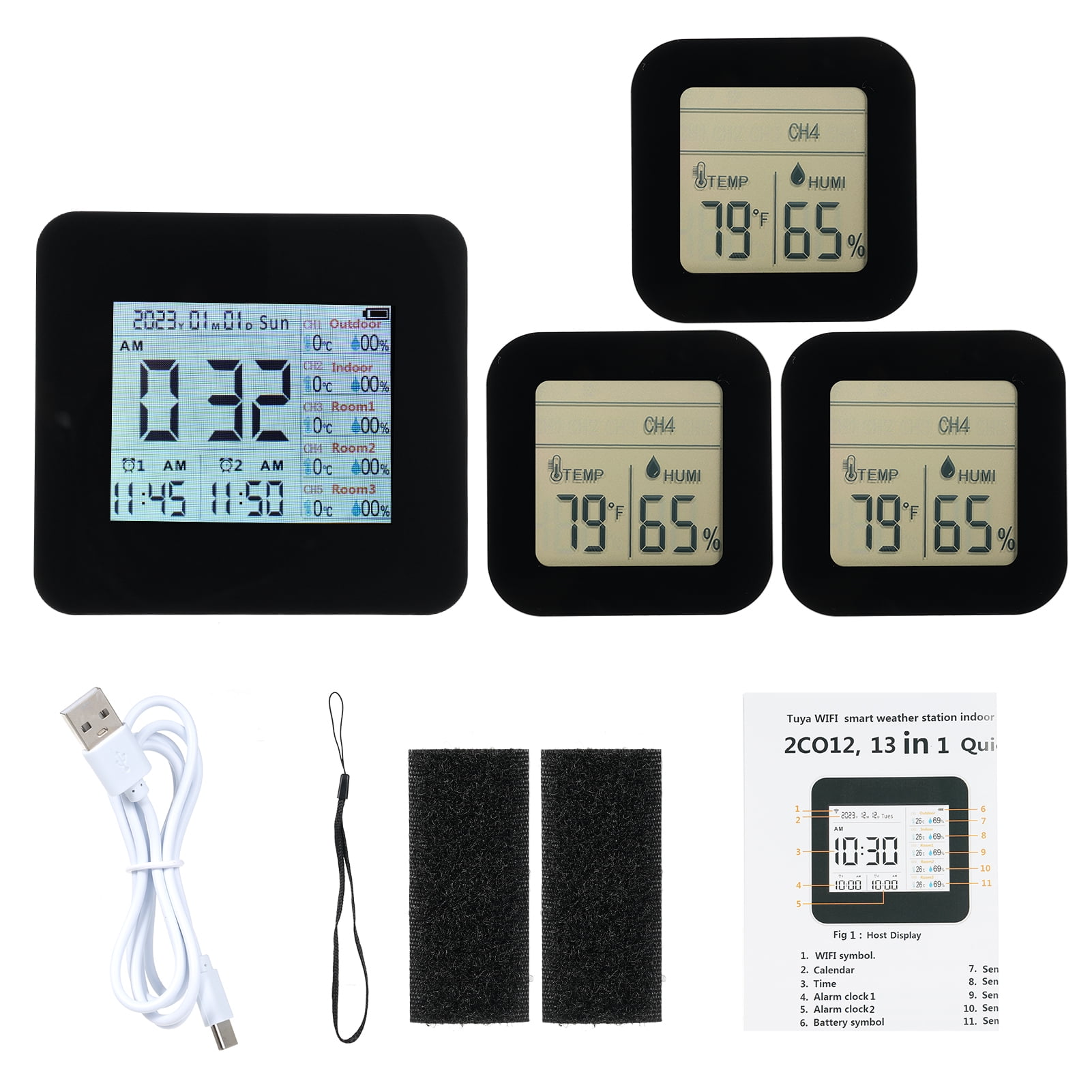 Monitor 13-in-1 Digital Hygrometer Indoor Outdoor Thermometer With 3 Remote Sensors Multifunctional Weather Clock Wireless Temperature Humidity Monitor Gauge With 60M Range