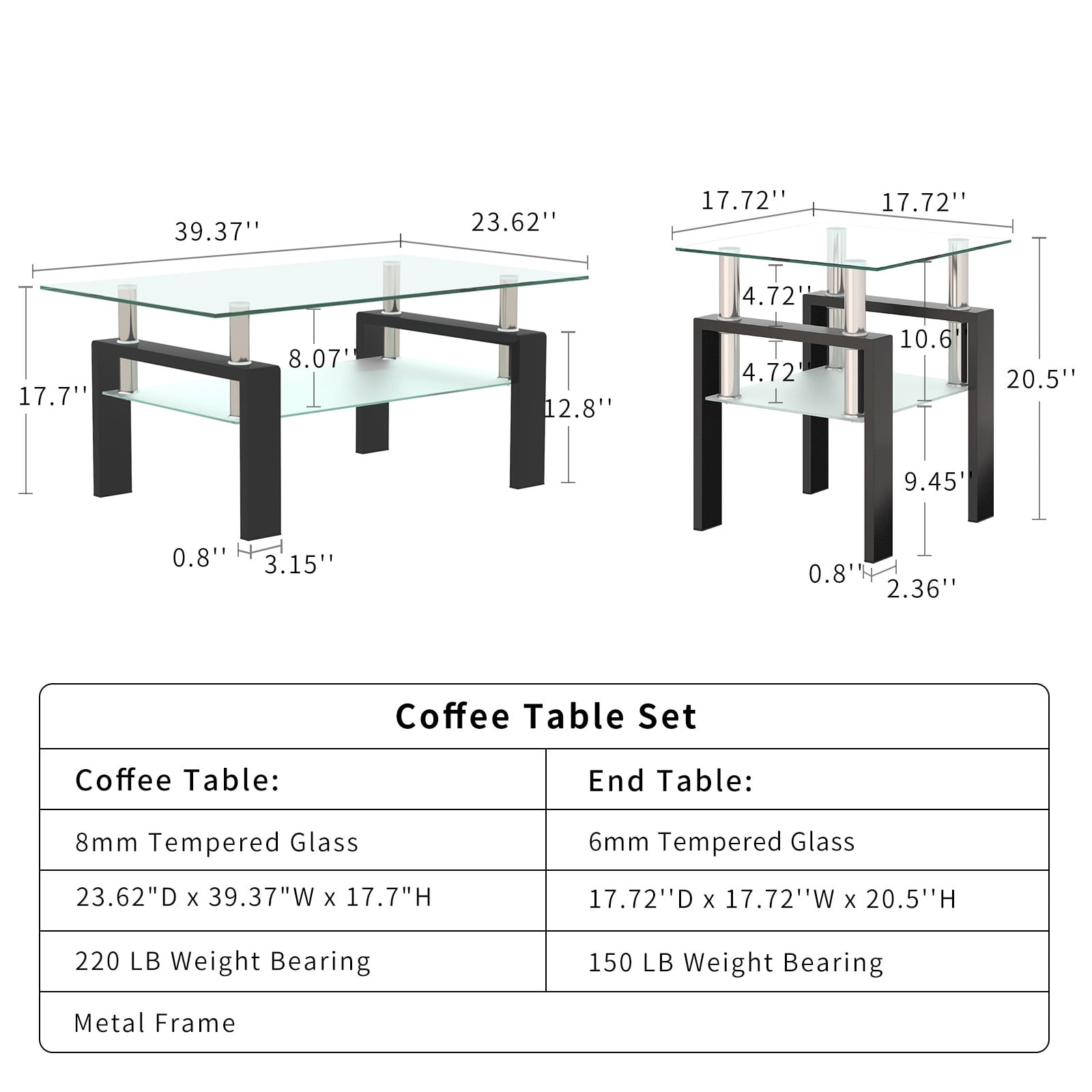 Rectangle Glass Coffee Table for Living Room, Center Table, Sofa Table, with Black Metal Legs, Clear Tempered Glass Top (Black, Coffee Table)