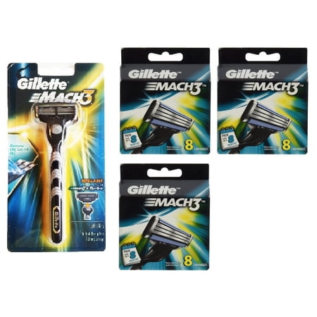 Gillette Mach3 Razor Blade Handle + Gillette Mach3 Refill Cartridges, 8 Count (Pack of 3)