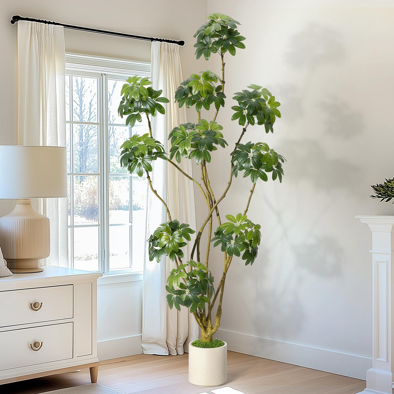 5ft/6ft/7ft  Tall Fake Plant Indoor,Artificial Umbrella Schefflera Tree in White Pot with Multiple Trunks Design, Faux Floor Tree Fake Trees for Home Offices Porch Decor