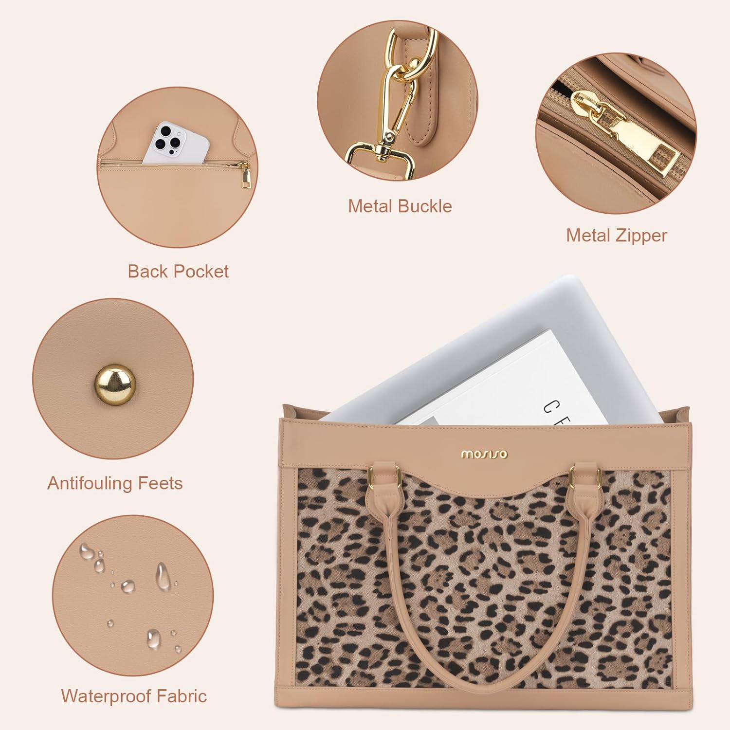 MOSISO Laptop Tote Bag for Women,15.6 inch PU Leather Leopard Grain Business Office Work Briefcase