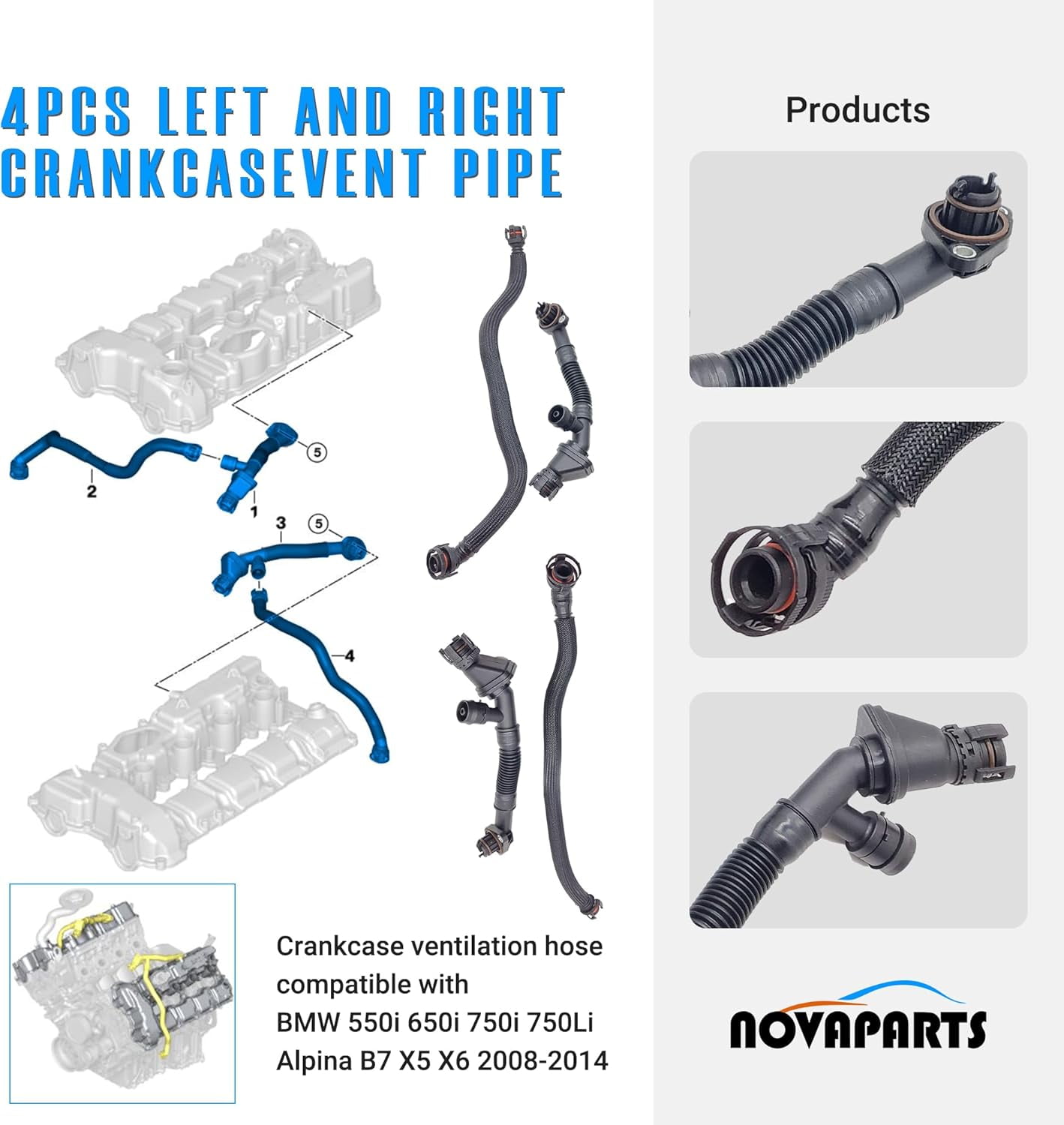 NOVAPARTS 4PCS Left and Right Crankcase Vent Pipe for BMW 550i 650i 750i 750Li Alpina B7 X5 X6 xDrive35i N63 4.4L 11157575640 11157575641 11157646086 11157646087