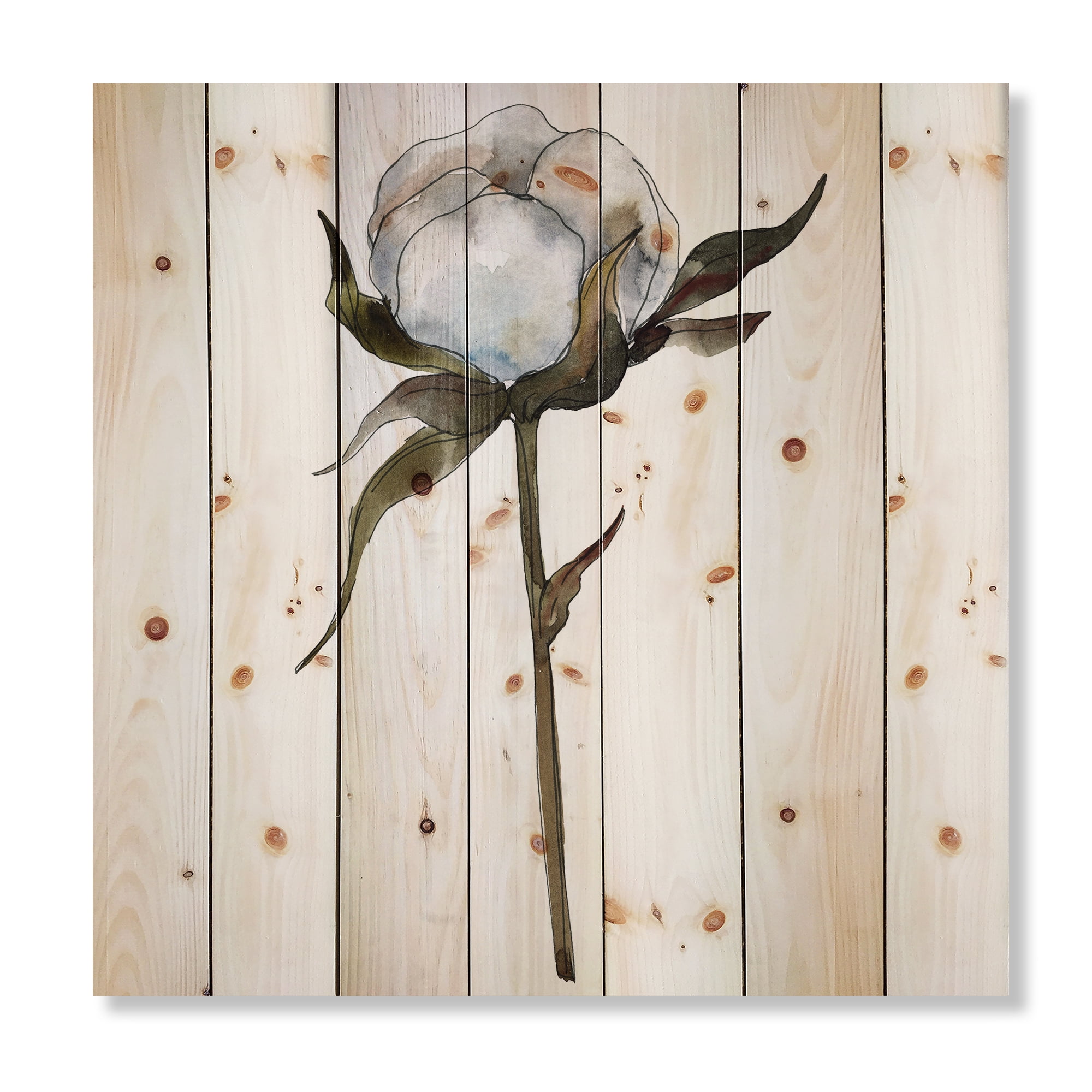Designart 'Cotton Flower Retro Style' Traditional Print on Natural Pine Wood