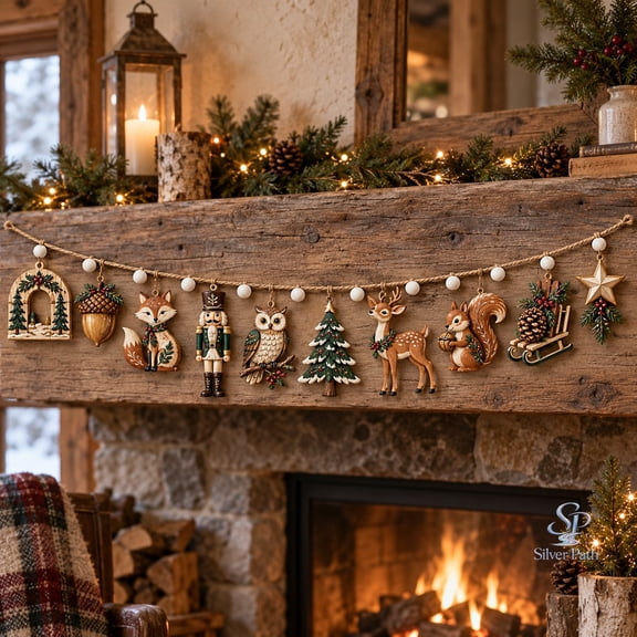 Woodland Nutcracker Christmas Wooden Ornament Garland, Forest Animal Mantel Decor for Holiday Hosts