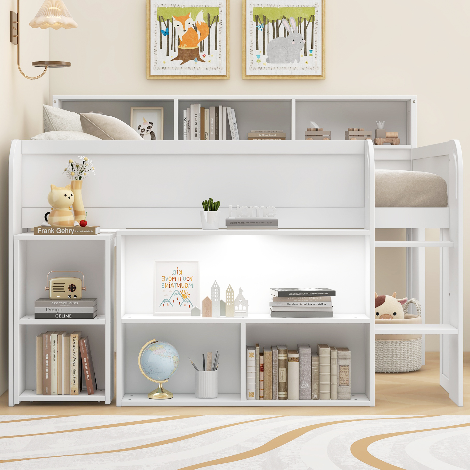 Euroco Wood Full Size Loft Bed with Storage Shelves Desk and LED Light, White