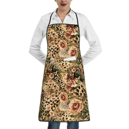 

Yiaed Animal Leopard Print Kitchen Apron with Hand Wipe Pockets Big Pocket Aprons for Women with Pockets Waterproof for Cooking Baking