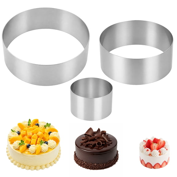 3 Pcs Stainless Steel Round Mousse Cake Rings, Seamless Baking Mold Set, 4/6/8 Inch Diameter, Professional Baking Tool for Home Kitchen and Pastry Shop DIY Dessert Making