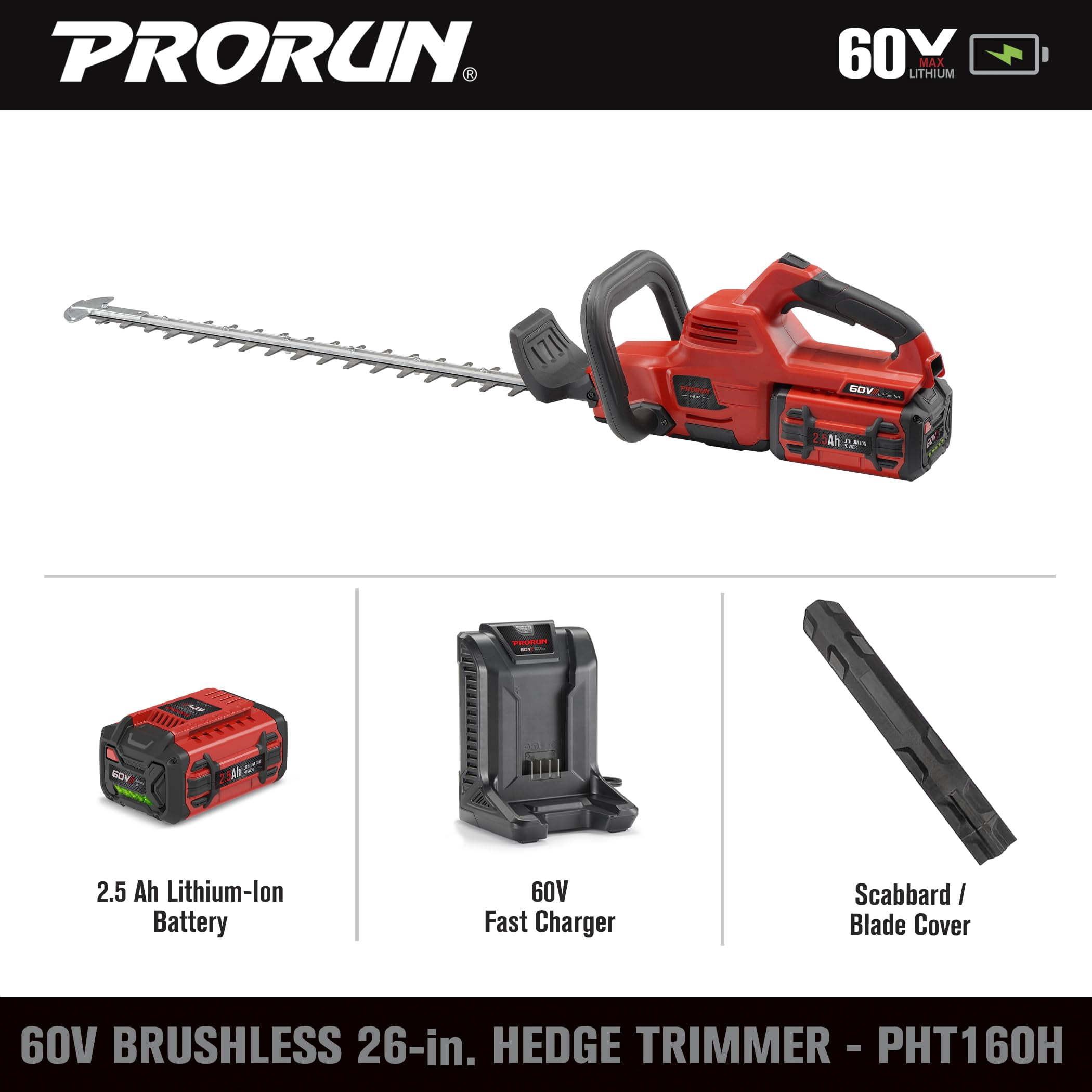 PRORUN 60V 26-in. Brushless Cordless Hedge Trimmer with 2.5 Ah Battery and Charger