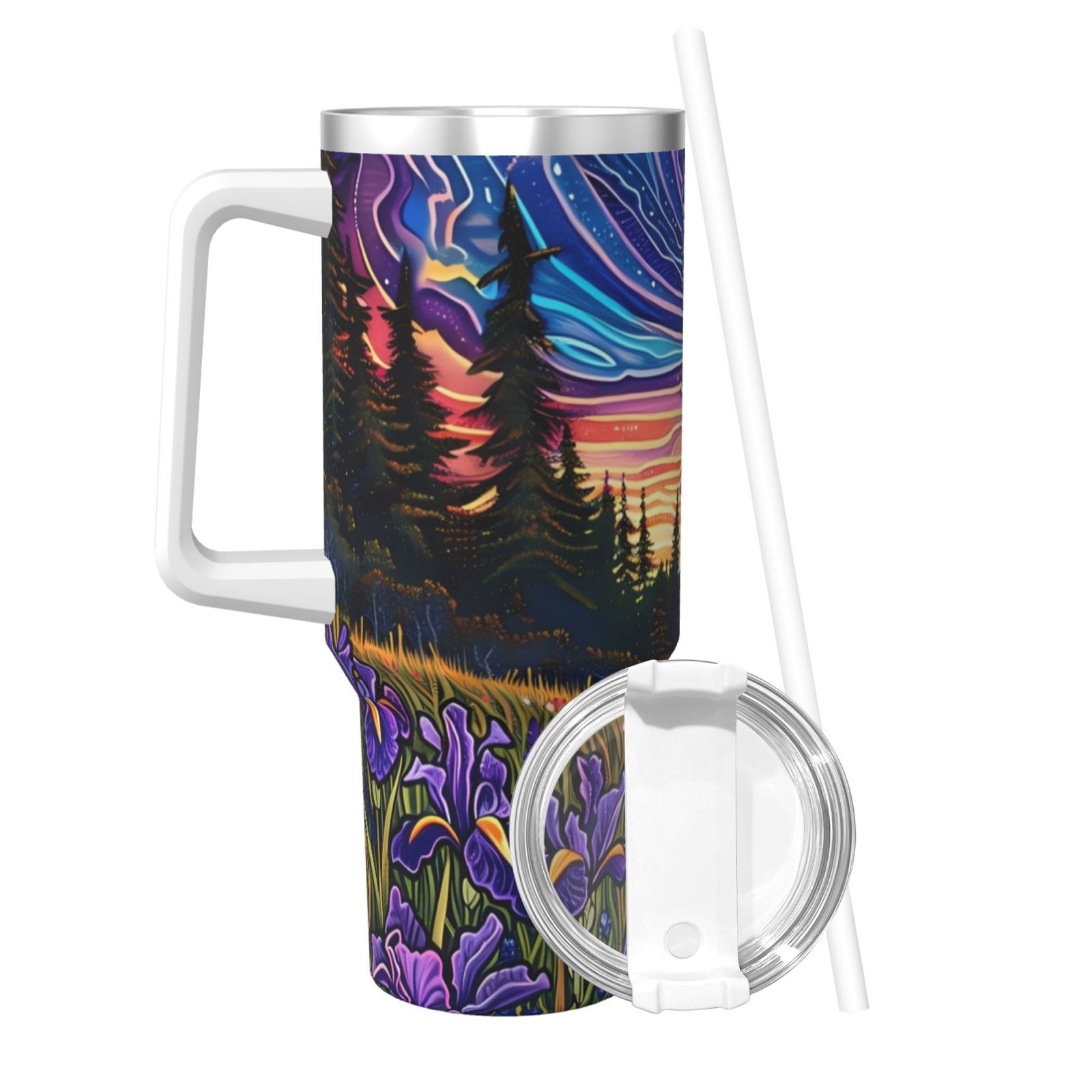 Vsdgher Galactic Night Over Meadow Pattern 40 oz Tumbler with Handle and Straw Lid | Insulated Cup Reusable Stainless Steel Water Bottle Travel Mug | Gifts for Women Men Him Her