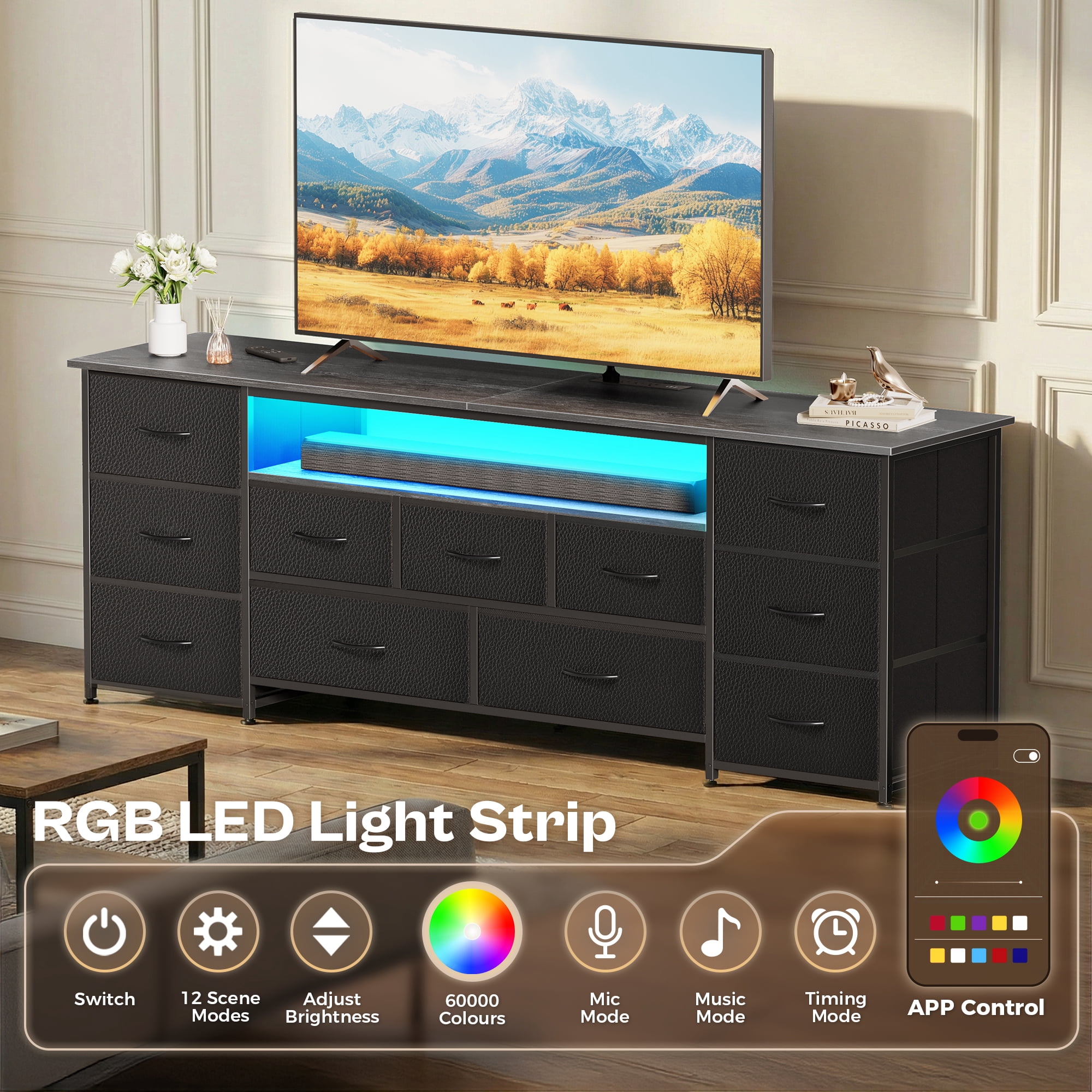 Amadwell Large TV Stand for 65, 70 Inch TVs, 11 Drawer Long Dresser with Power Outlets & LED Lights, 63 inch Entertainment Center