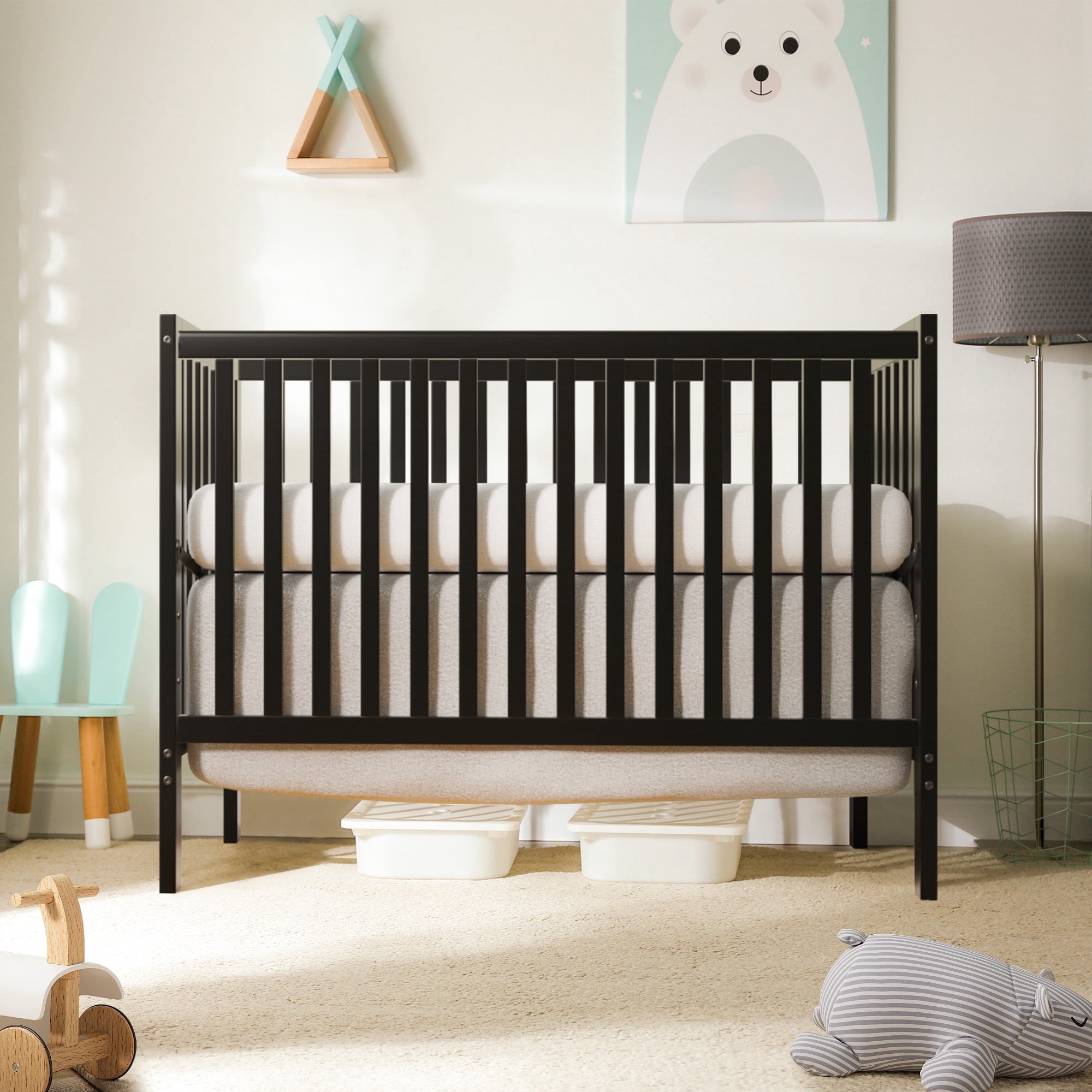 5-In-1 Convertible Crib, New Zealand Pinewood Baby Bed,Baby Crib With 3 Height Adjustment, Non-Toxic Finish, Easy to Assemble, Black