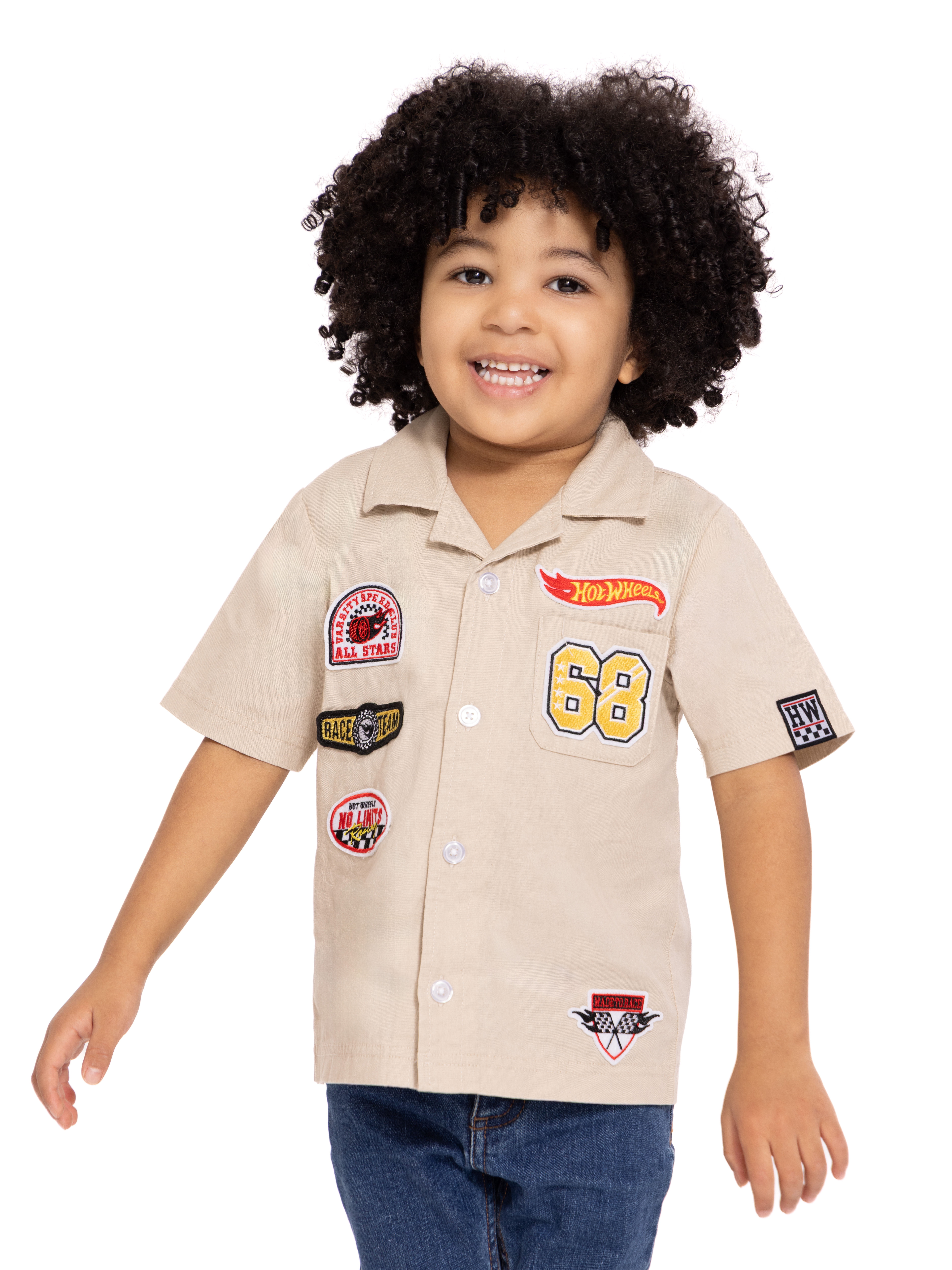 Hot Wheels Toddler Boys Short Sleeve Cotton Button Down Work Shirt with Patches, Sizes 12M-5T