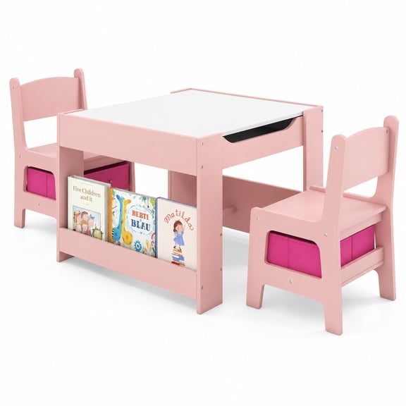 Airfind 4 in 1 Kids Toddler Activity Table and Chairs Set with Reversible Tabletop, MDF Frame, for 3  years old, 24" x 24" x 19" Footprint, Pink