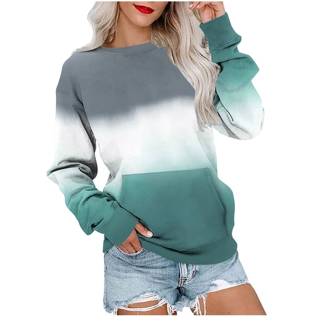 Dagugfen Chemises à Manches Longues pour Femmes Chandail Dégradé Col Rond Ample Vêtements d'Automne Tendance Confortables Chandails en Molleton