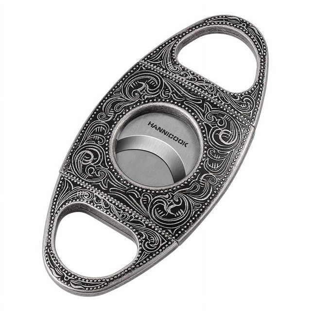 Cortador de puros de acero inoxidable, hoja de corte de doble guillotina grabada en bronce (plata + negro)