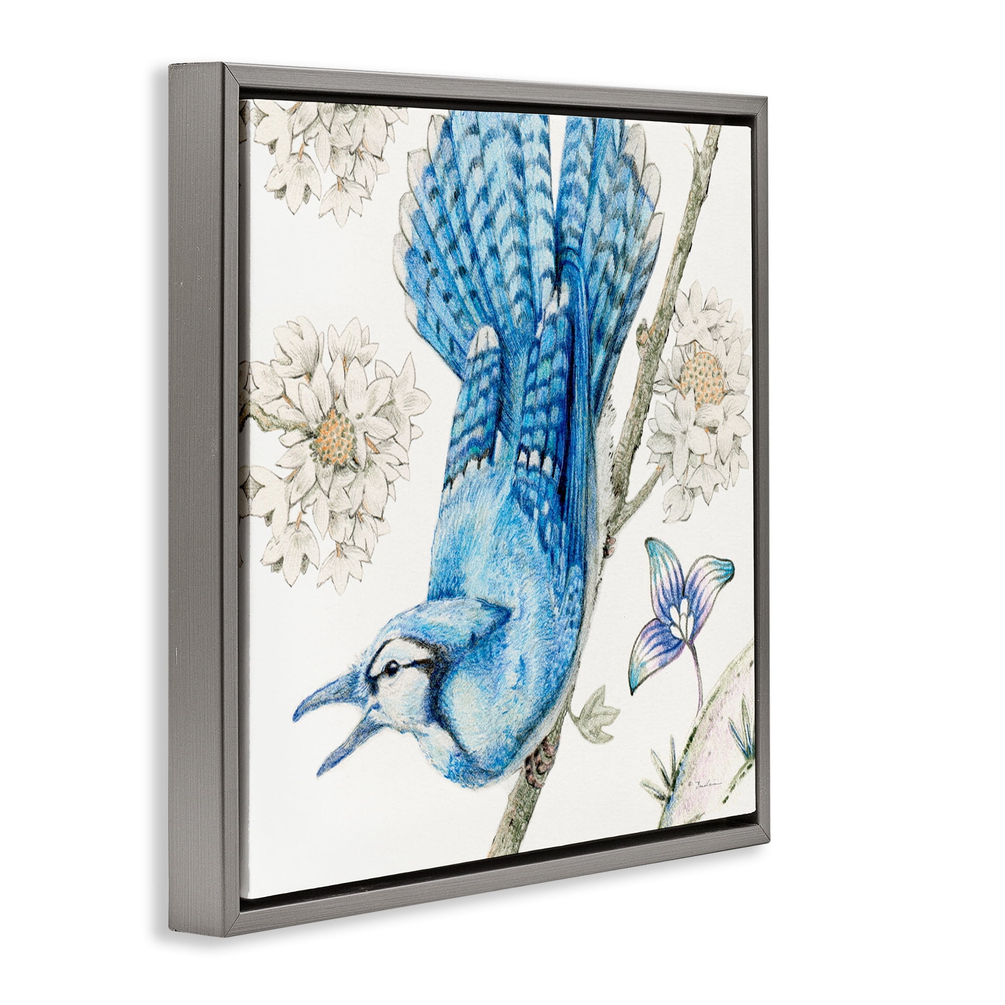 Stupell Industries Blue Jay Perched Florals Animals Painting Gray Floater Framed Canvas Art Print Wall Art, 25 x 25