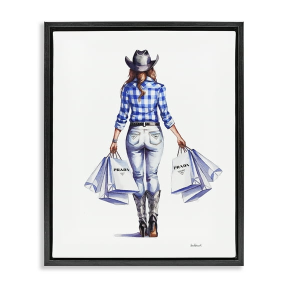 Stupell Industries Chic Cowgirl & Shopping Bags People Painting Black Floater Framed Canvas Art Print Wall Art, 17 x 21
