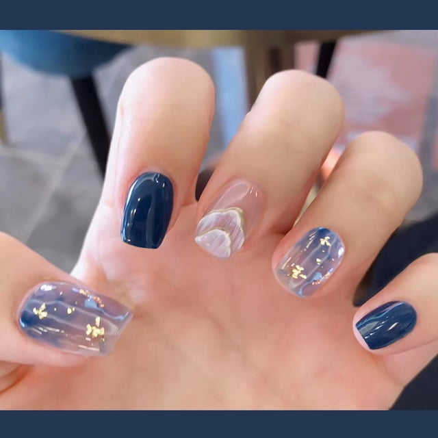 Uñas postizas cuadradas de color azul marino, uñas postizas adhesivas brillantes con diseños, uñas postizas acrílicas para mujeres
