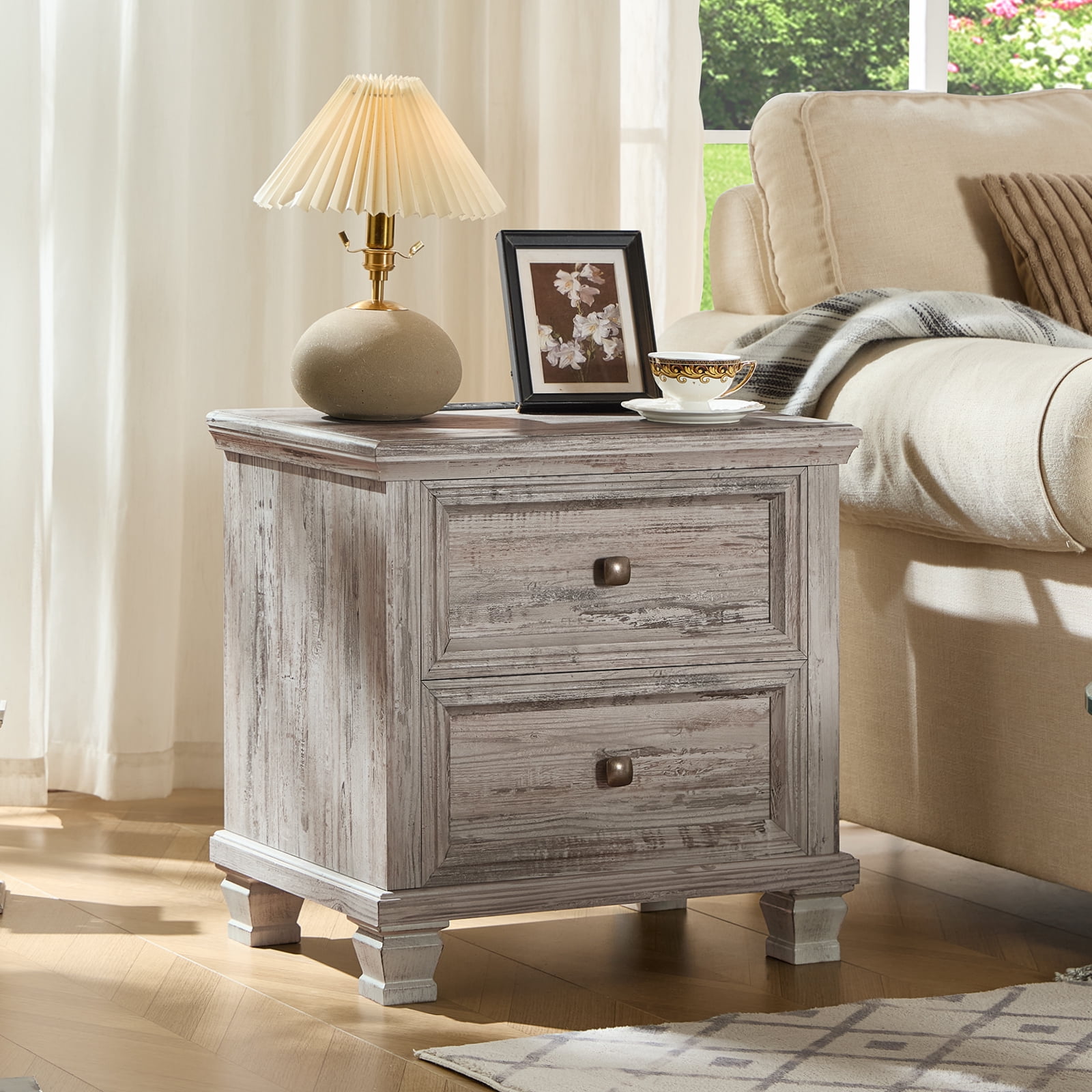 Buildhom 2pc Farmhouse Nightstand with Charging Station, 2-Drawer Rustic End Table with Solid Wood Legs for Bedroom, Grey'