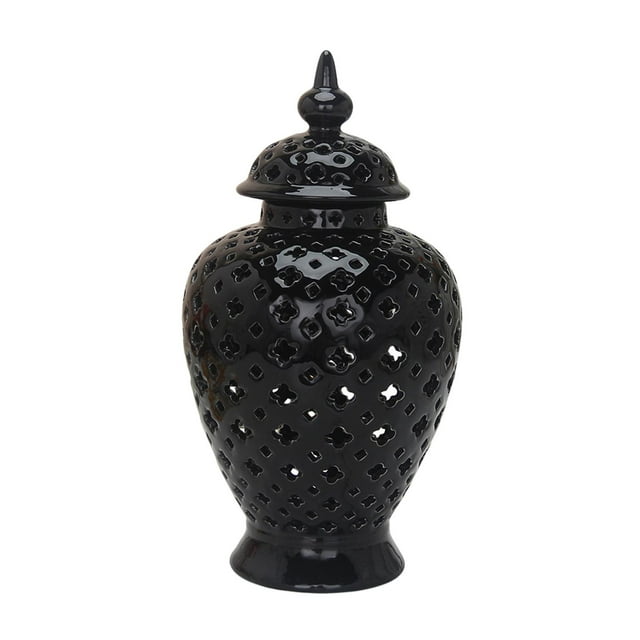 Jarrón de jengibre de porcelana tradicional china, arreglo floral con tapa. 37cmx29cm