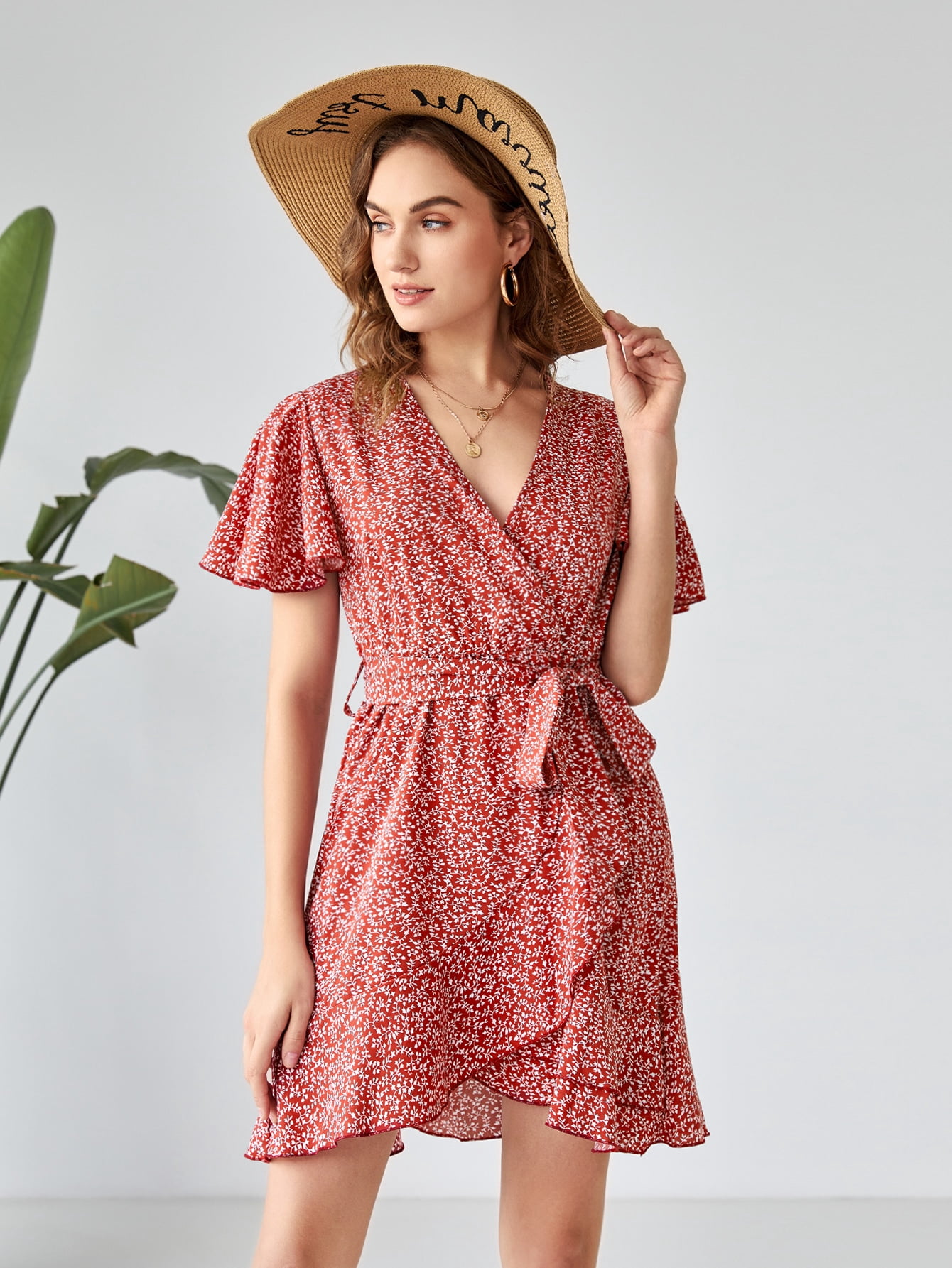 Women's Floral Flutter Sleeve Belted 
