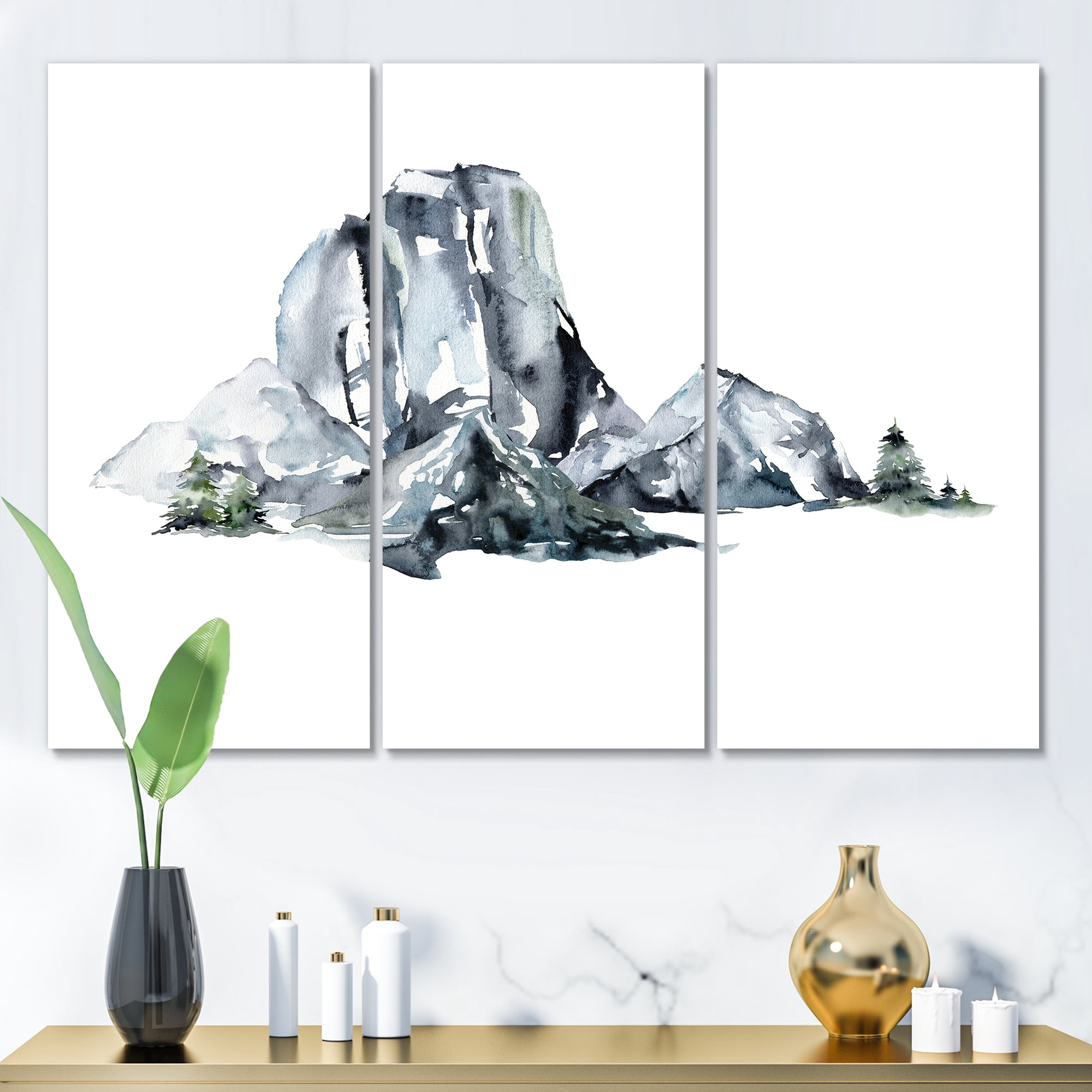 Designart ' Minimalistic Landscape of Forest and Mountains ' Modern Canvas Wall Art Print