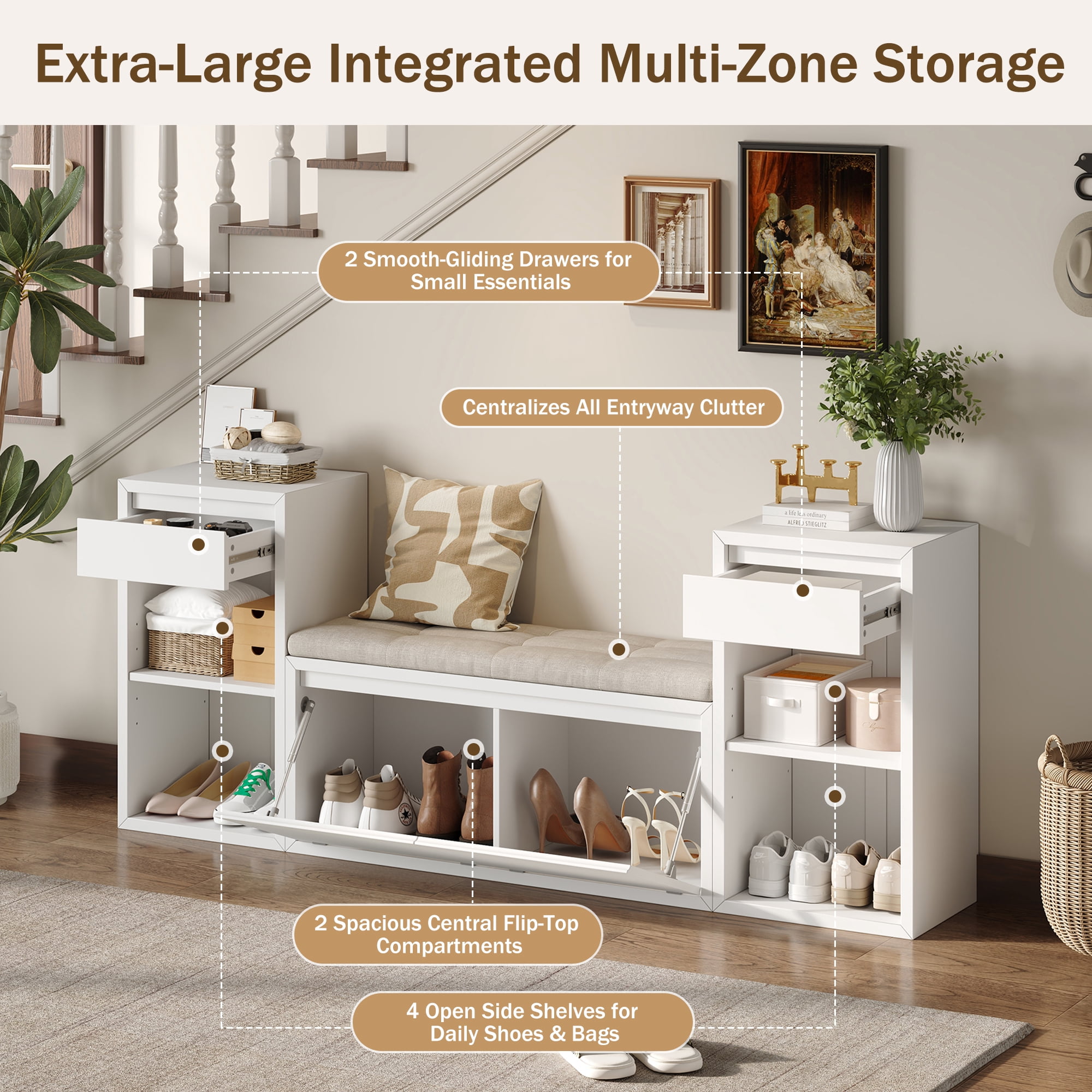 Aukfa 3pcs Storage Shoe Bench Set with Cushioned Seat, Entryway Organizer with Open Shelves & Cubbies,White