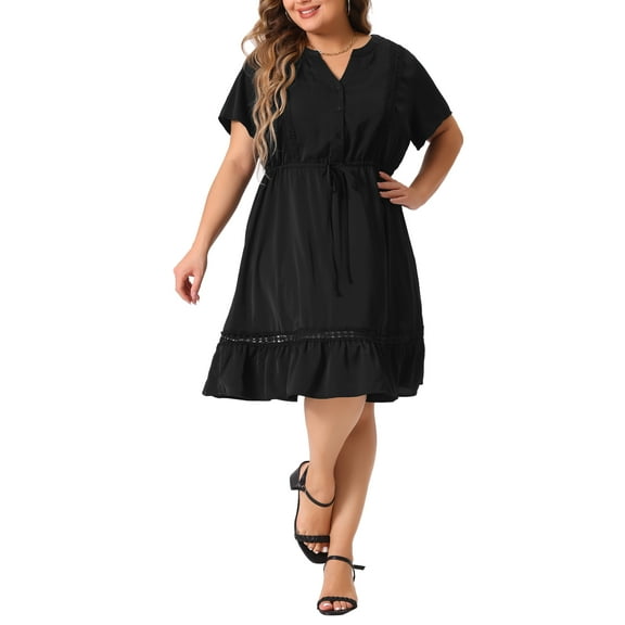 DARING DIVA Plus Size Button V Neck Midi Ruffle A Line Swing Dress 1X Black