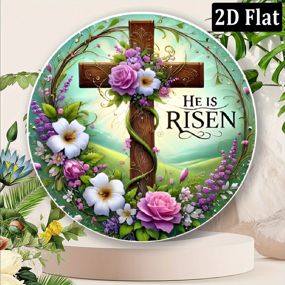 He Is Risen Vintage Round Aluminum Sign, 1- Pack, Religious Wall Decor for Indoors & amp; Outdoors - Home, Room, Dining, Bar, Cafe, Door, Patio, Garage Decoration - 8*8 Inch