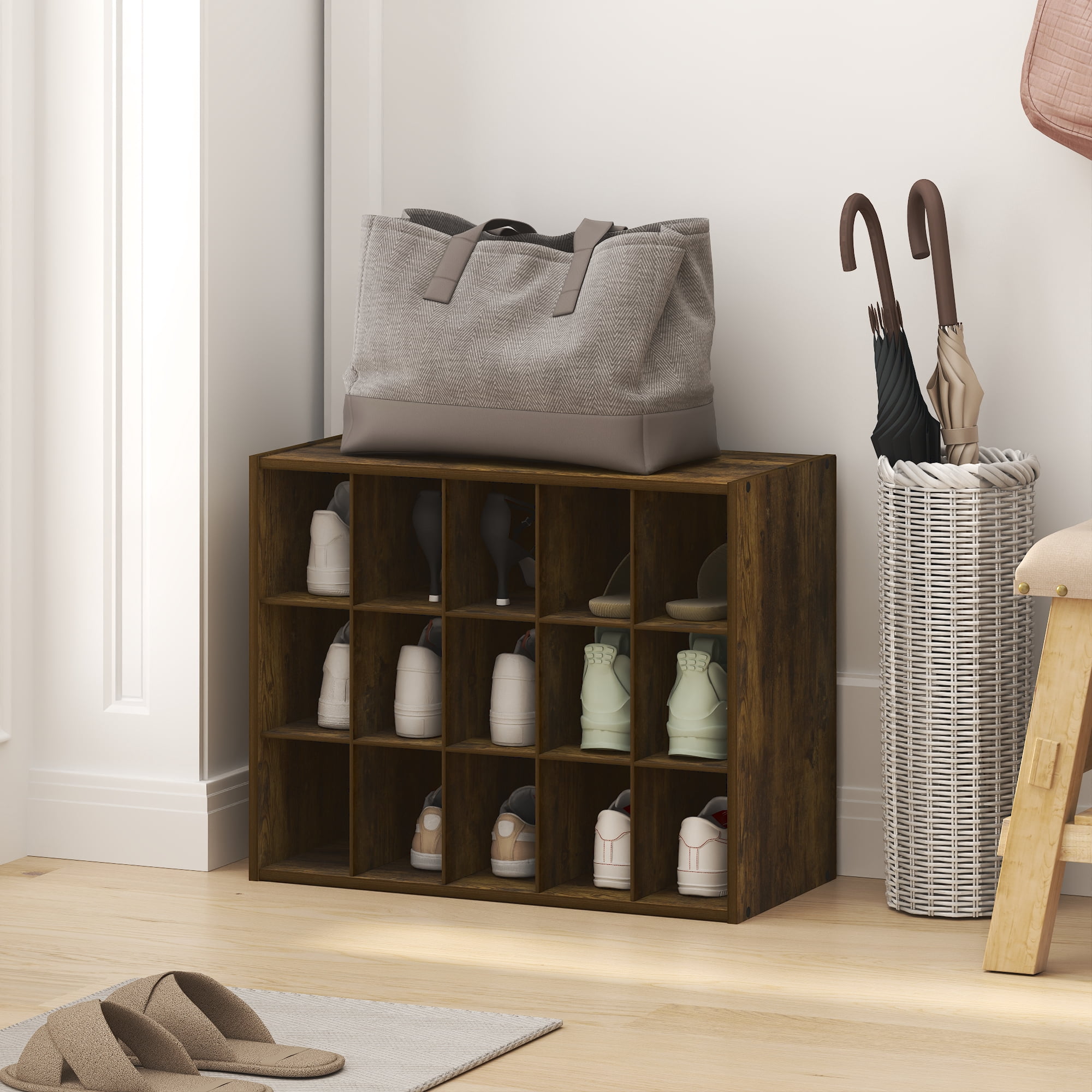 Furinno FANO 15-Cube Stackable Shoe Rack for Closet Entryway Amber Pine