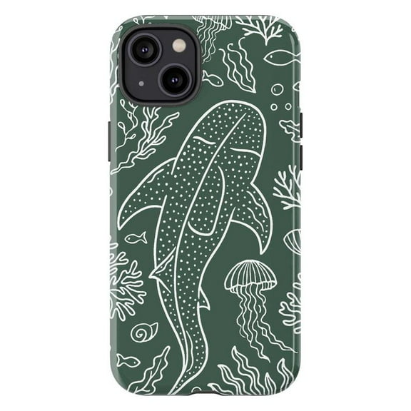 Whale Shark Line Art Dual Layer Phone Case for iPhone 11/12/13/14/15/16 Mini Pro Max Plus – Green Ocean Theme Tough Cover for Marine Life Lovers