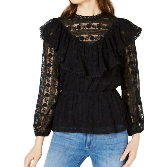 Moon River Womens Crocheted Lace Pullover Blouse, Black, Medium